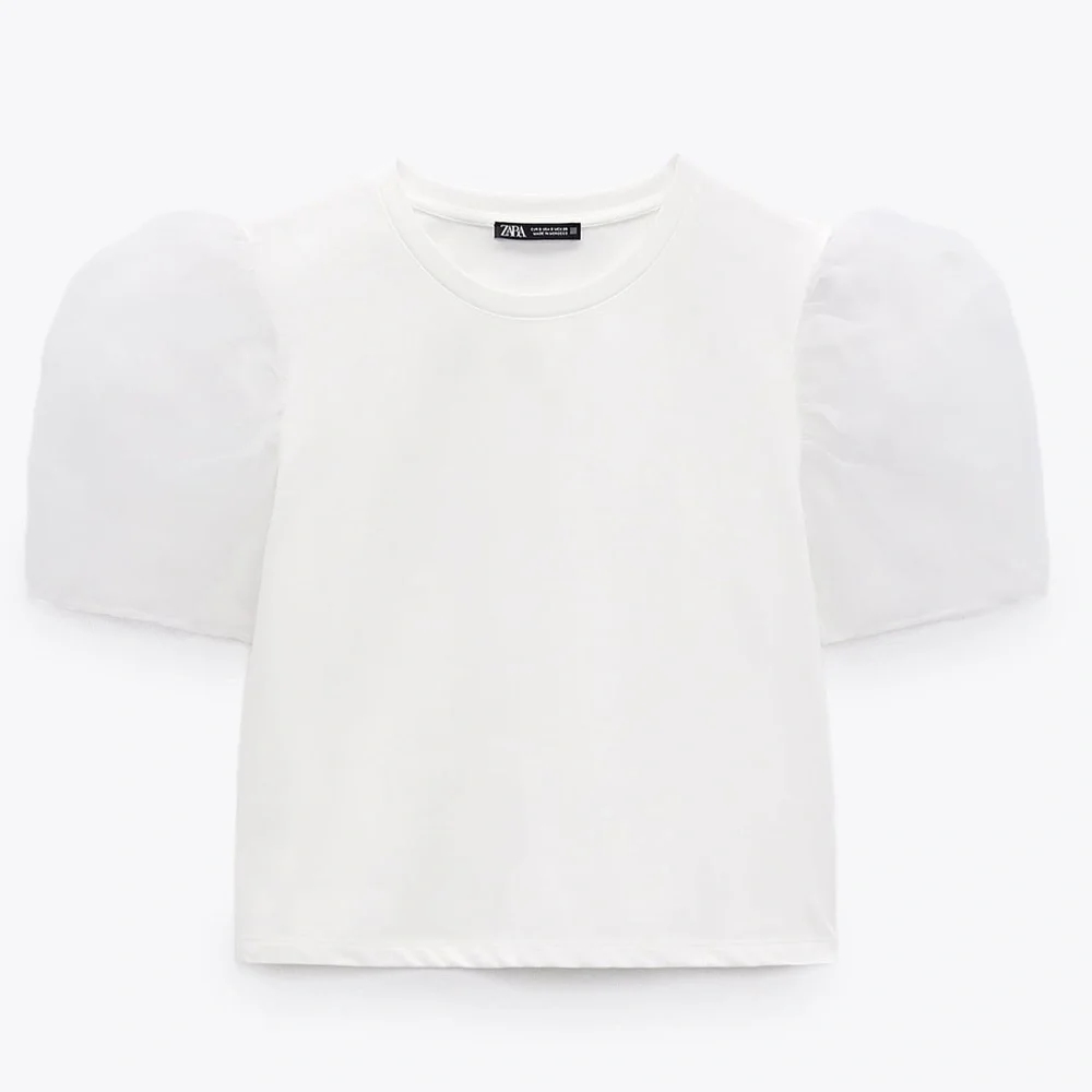ZARA White T Shirt with Puff Organza Sleeves Tee Blouse $49.90